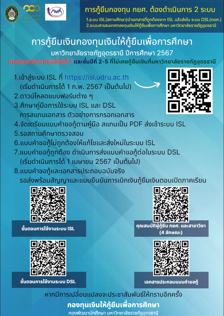 การกู้ยืมเงินกองทุนเงินให้กู้ยืมเพื่อการศึกษา ปีการศึกษา 2567 สำหรับนักศึกษาใหม่ชั้นปีที่ 1 และชั้นปีที่ 2-5 ที่ไม่เคยกู้ยืมเงินที่มหาวิทยาลัยราชภัฏอุดรธานี