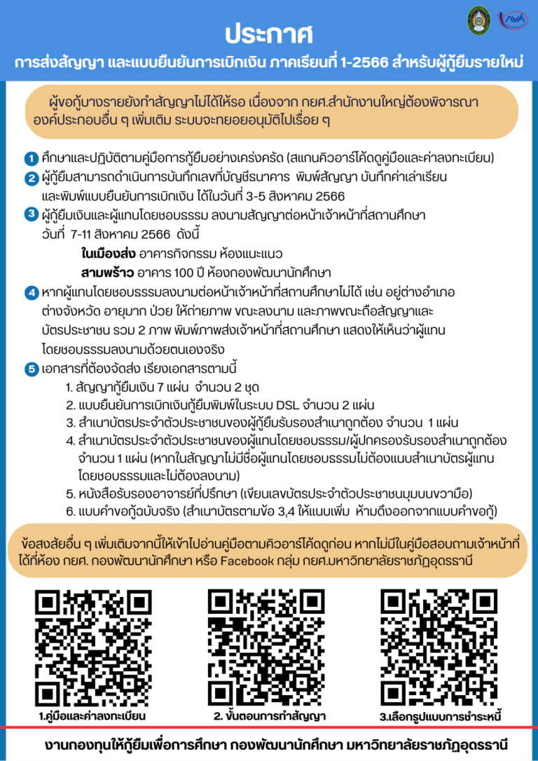 การส่งสัญญา และแบบยืนยันการเบิกเงิน ภาคเรียนที่ 1-2566 สำหรับผู้กู้ยืมรายใหม่