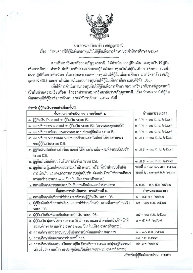 กำหนดการกู้ยืมเงินกองทุนเงินให้กู้ยืมเพื่อการศึกษา ปีการศึกษา 2567