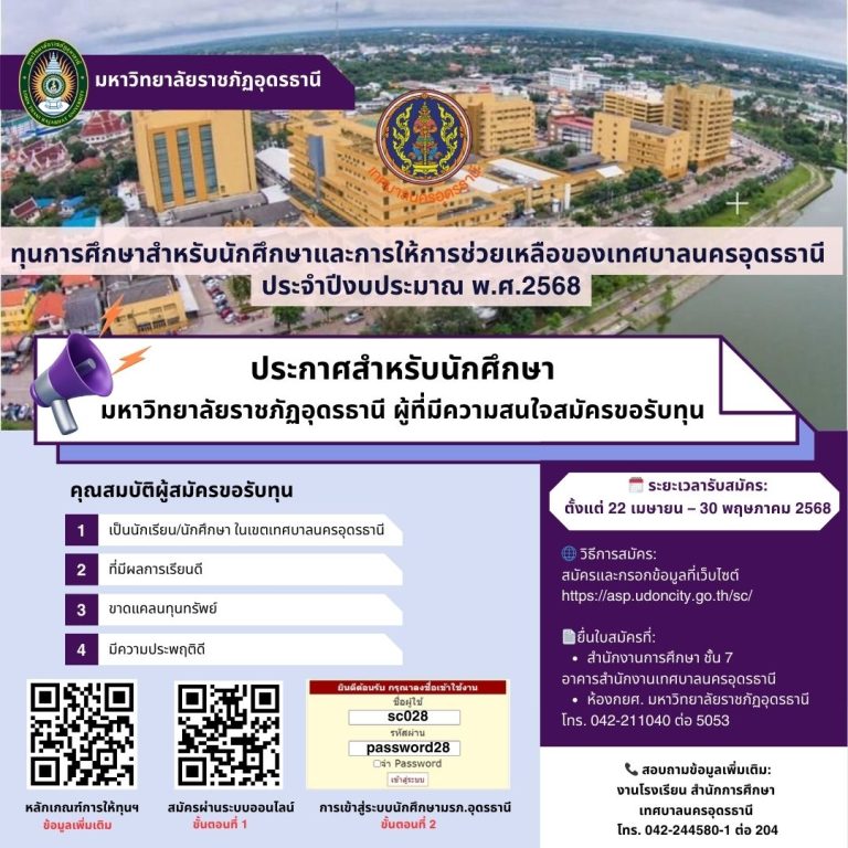 ทุนการศึกษาสำหรับนักศึกษาและการให้ความช่วยเหลือนักเรียนของเทศบาลนครอุดรธานี ประจำปีงบประมาณ พ.ศ. 2568