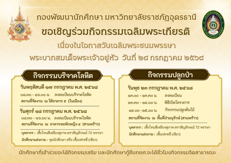 ประชาสัมพันธ์กิจกรรมเฉลิมพระเกียรติ เนื่องในโอกาสวันเฉลิมพระชนมพรรษา พระบาทสมเด็จพระเจ้าอยู่หัว วันที่ ๒๘ กรกฎาคม ๒๕๖๘