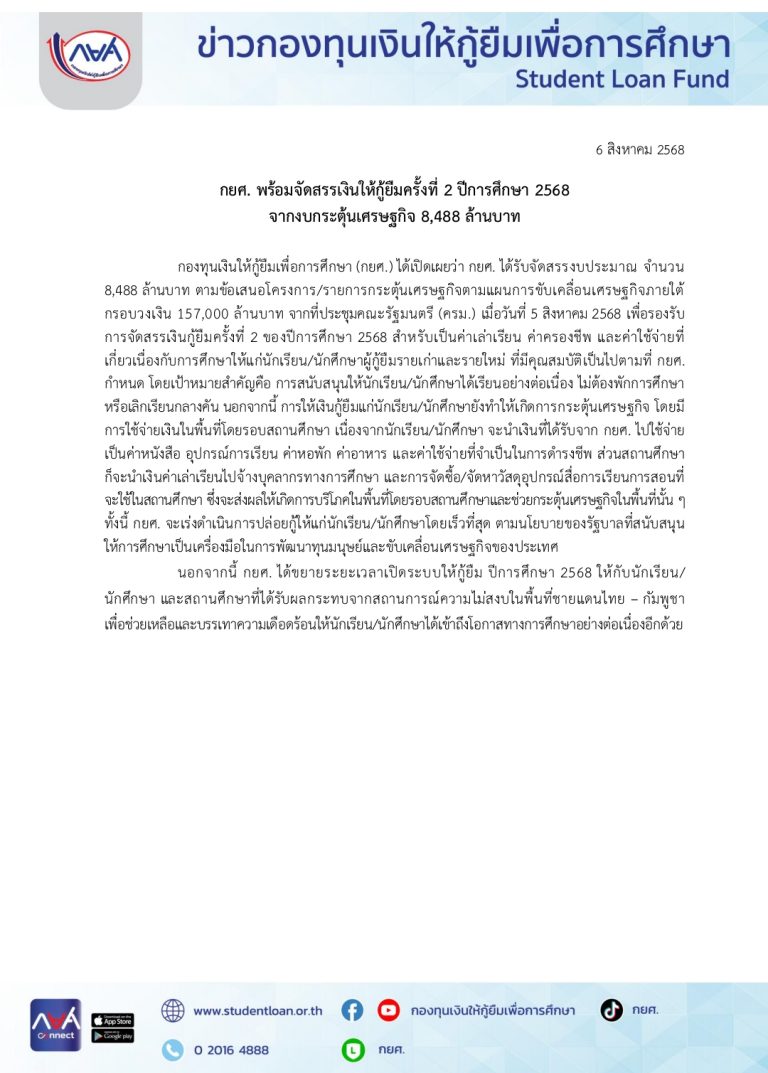 การจัดสรรให้กู้ยืมเงินกองทุน กยศ. ครั้งที่ 2