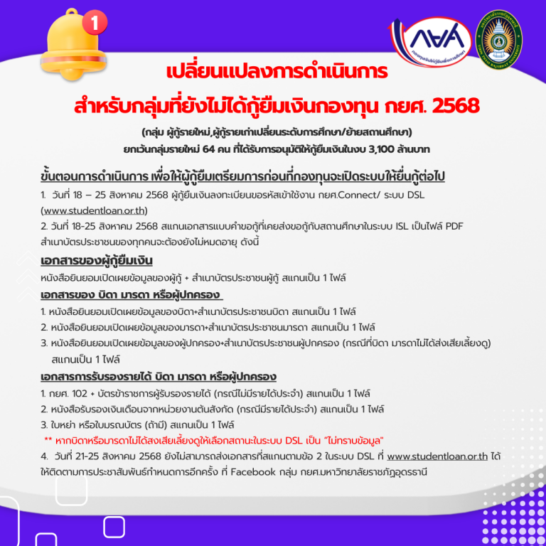 ขอเปลี่ยนแปลงกำหนดการส่งเอกสารแบบคำขอกู้ยืมเงินในระบบ DSL สำหรับกลุ่มที่ยังกู้ยืมเงินกองทุน กยศ. ไม่ได้ในปีการศึกษา 2568