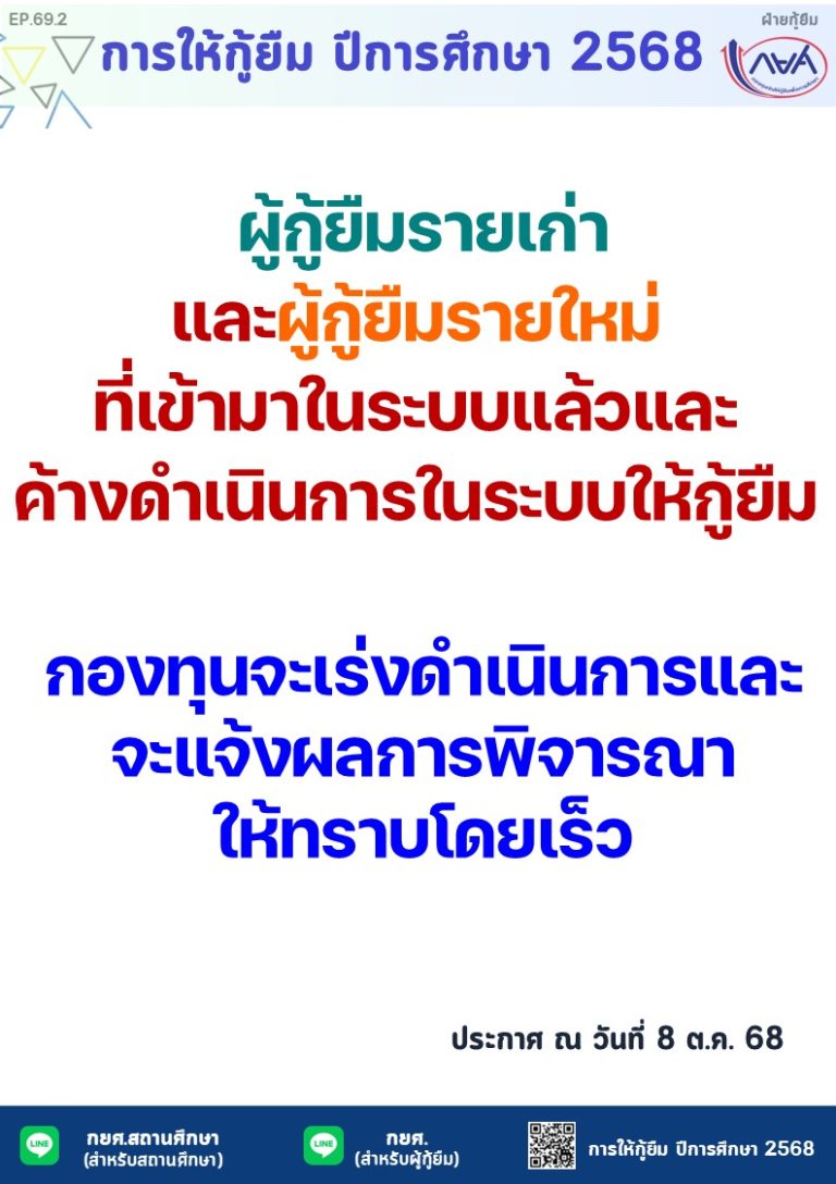 ความคืบหน้าของการกู้ยืมเงินกองทุน กยศ. ผู้กู้ยืมเงินรายใหม่และรายเก่า ปีการศึกษา 2568 (ข้อมูลจากกองทุน กยศ. สำนักงานใหญ่)